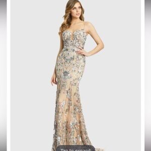 Mac Duggal Floral Embellished Gown in Cream and Blue